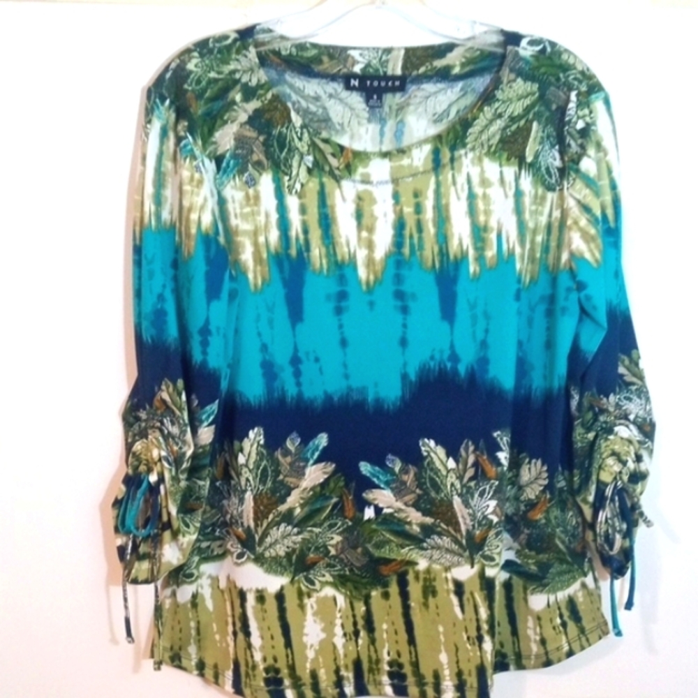 N TOUCH BOHO GREEN TAN  RELAXED FIT CASUAL 3/4 RUCHED SLEEVES BLOUSE SIZE SMALL